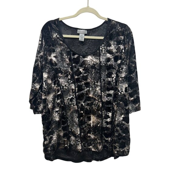 Catherines Womens Floral Burnout Velvet Tunic Top 1X 18/20 Black & Bronze 3/4 Sl - Picture 1 of 7